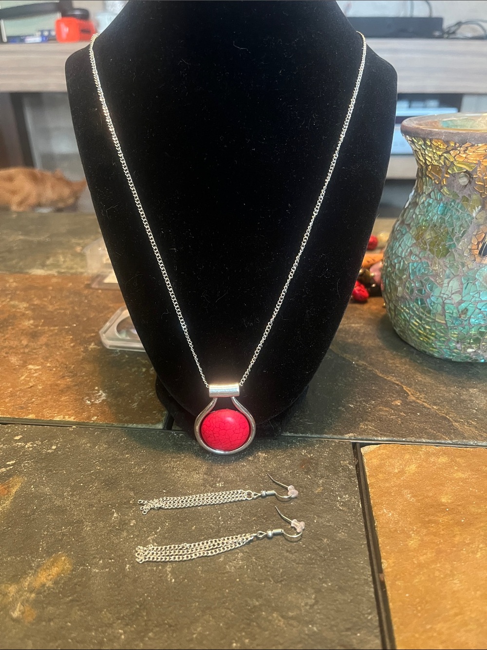 Silver Chain Necklace with Crackle Red Round Pendant and Matching Chain Earrings